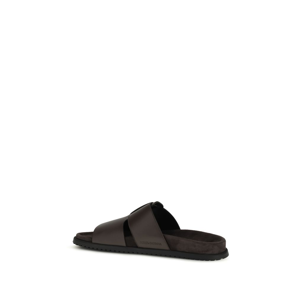Dolce & Gabbana Brown Calf Leather Bos Taurus Flat Sandals - immagine 3