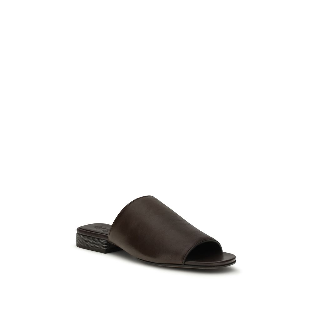 Brunello Cucinelli Brown Calf Leather Bos Taurus Slides - immagine 2