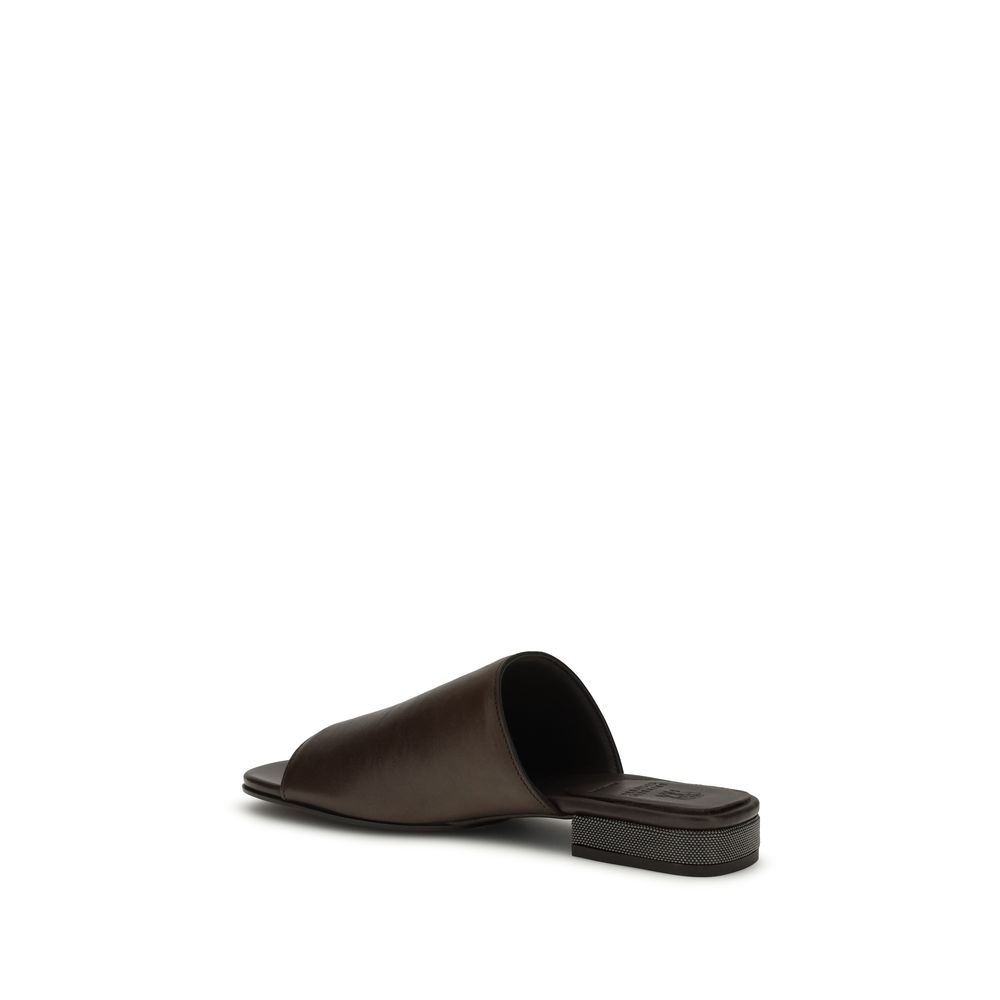 Brunello Cucinelli Brown Calf Leather Bos Taurus Slides - immagine 3