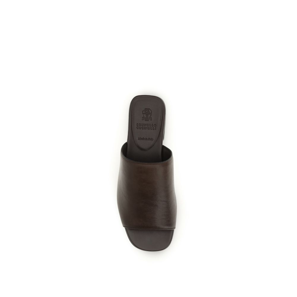 Brunello Cucinelli Brown Calf Leather Bos Taurus Slides - immagine 4