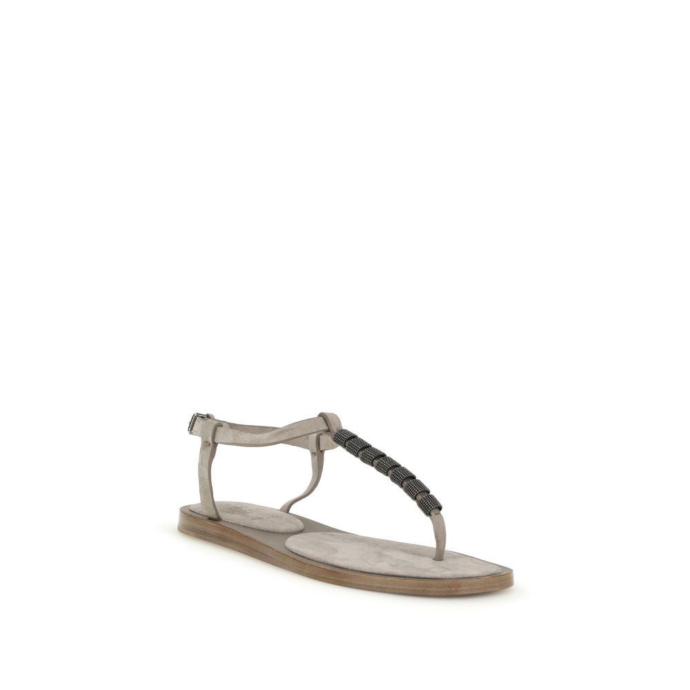 Brunello Cucinelli Beige Calf Leather Bos Taurus Flat Sandals - immagine 2