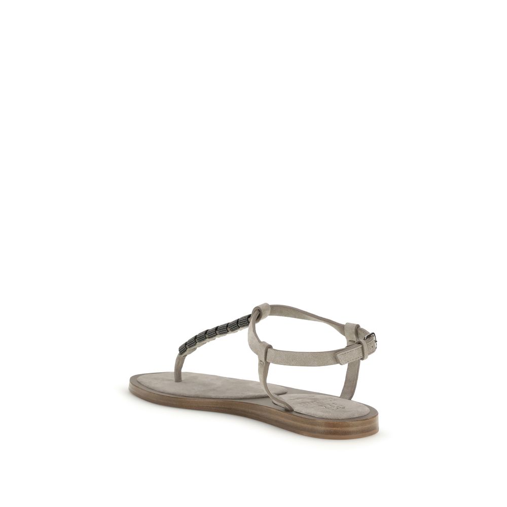 Brunello Cucinelli Beige Calf Leather Bos Taurus Flat Sandals - immagine 3