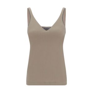 Brunello Cucinelli Beige Cotton Sleeveles T-Shirt