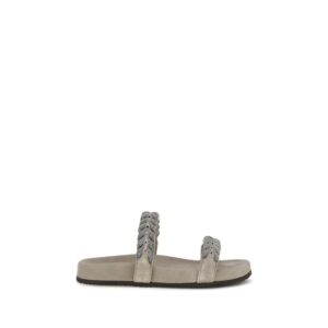Brunello Cucinelli Gray Calf Leather Bos Taurus Flat Sandals