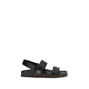 Valentino Garavani Black Calf Leather Bos Taurus Flat Sandals