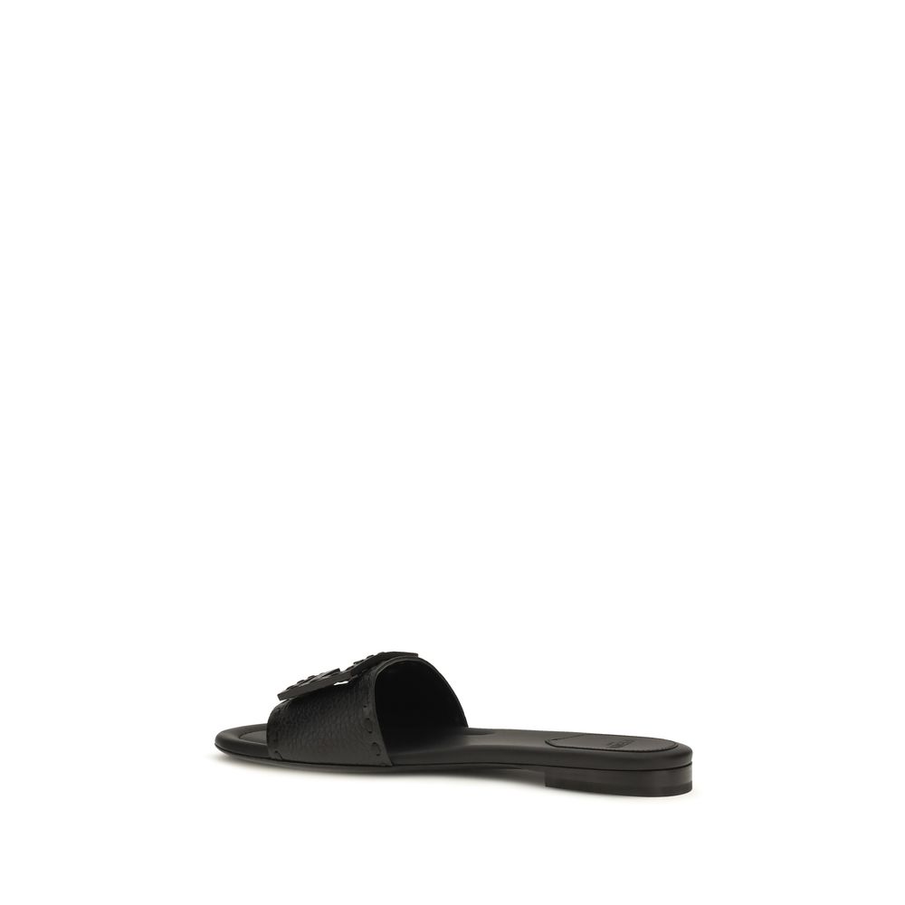 Fendi Black Calf Leather Bos Taurus Flat Sandals - immagine 3